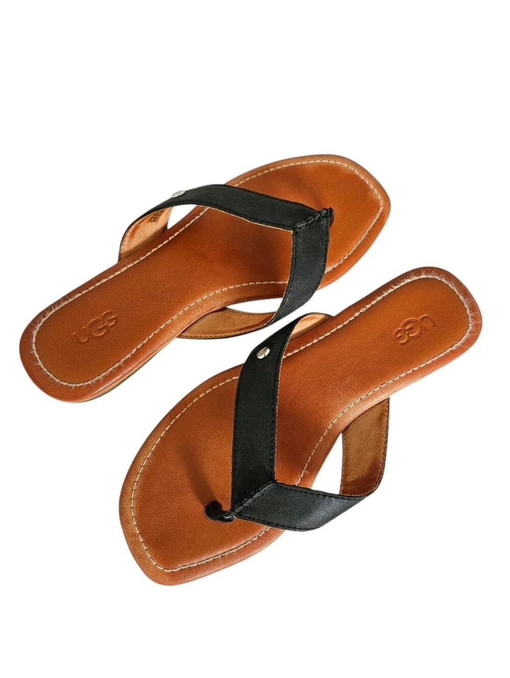UGG Tuolumme Tan Footbed with Black Strap Leather Thong Sandals Size 7.5